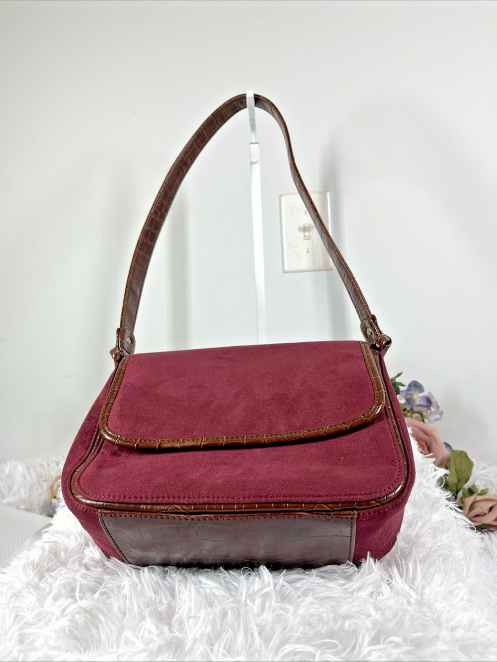 Burgundy Faux Suede Shoulder Bag Burgundy Croc Trim Flap Y2K Vintage Style Purse